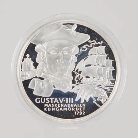Silvermynt, Ø 36mm, Kungariket Sverige, Gustav III, Maskeradbalen Kungamordet 1792, etui, 925/1000 silver,  Vikt: 27,1 g