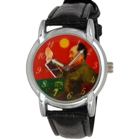 Armbandsur med Mao Zedong, rörlig vinkande arm, vitmetall, Ø36 mm, "Shu Hang 10" på bakboetten, manuell, fint skick, 