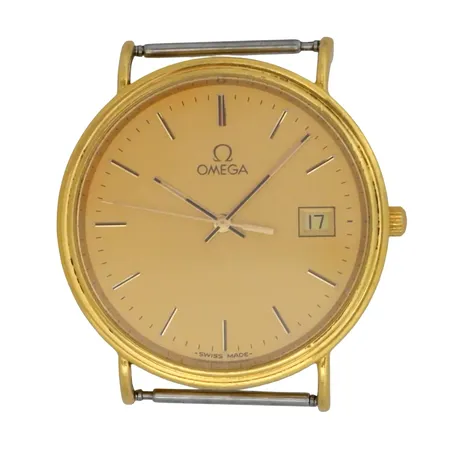 Herrur Omega, 18K guld, Ø33 mm, quartz - behöver nytt batteri, safirglas, gravyr företag + namn + 1968 - 2002, något sneda bandhorn, 