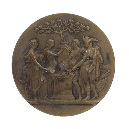 Bronsmedalj "ST LOUIS 1904 AMERICA WELCOMES THE WORLD", diameter 50 mm, DEPAULIS F, originaletui i papp (lock saknas), fin kvalitet, oputsad patina 