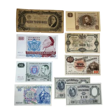 Sedlar Sverige och Ryssland, ogiltiga, bl.a. 1 krona 1916, 100 kronor 1976, 10 kronor 1937, cirkulerade 