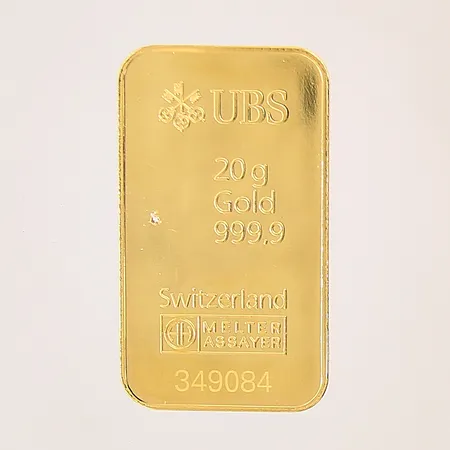 Guldtacka, Switzerland, Melter Assayer, serie-nr: 349084, Fine Gold 999,9/1000, borrad, 24K   Vikt: 20 g