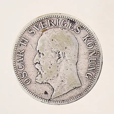 Mynt, Oscar II Sveriges Konung Sveriges val, 2kr, Ø31mm, 1907, silver 800/1000 Vikt: 14,7 g