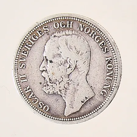 Mynt, Oscar II Sveriges och Norges Konung, Brödrafolkens väl, 2kr, 1900, silver 800/1000 Vikt: 14,8 g