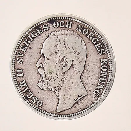 Mynt, Oscar II Sveriges och Norges Konung, Brödrafolkens väl, 2kr, Ø31mm, 1900, silver 800/1000 Vikt: 14,8 g