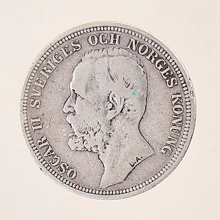 Mynt, Oscar II Sveriges och Norges Konung, Brödrafolkens väl, 2kr, Ø31mm, 1898, silver 800/1000 Vikt: 14,7 g