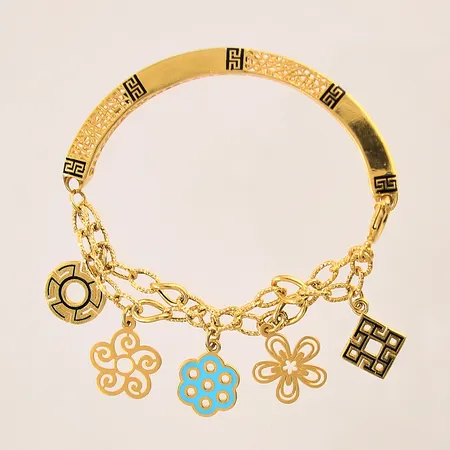 Armband med integrerade hängen, halvstel, längd: ca 19,5cm, bredd: 5,5-4mm, 18K Vikt: 19,6 g