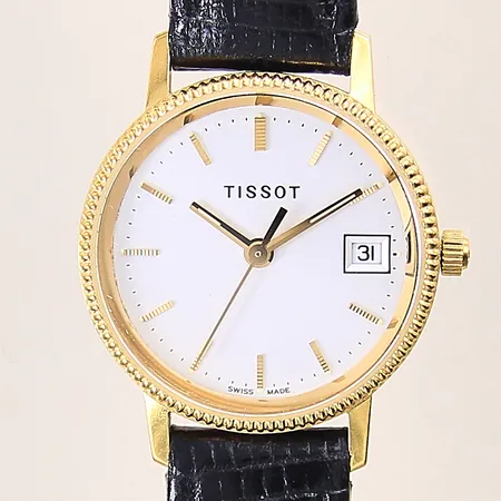 Damur Tissot, 18K, quartz, Ø24mm, datum, safirglas, läderband, går ej, batteribyte behövs, gravyr, etui, bruttovikt 17,1g