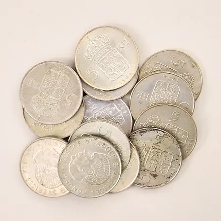 Mynt 13st, Gustaf VI Adolf Sveriges Konung, 5kr, 1954-1955, silver 400/1000 Vikt: 233,9 g