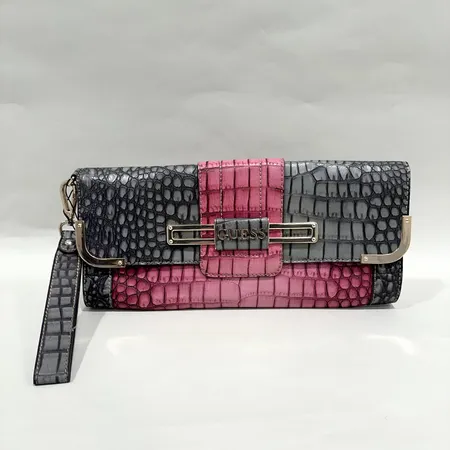 Clutch/Väska, Guess, rosa och grått läder, silverfärgad metall, bruksskick, 24 x 16 x 7cm, dustbag.