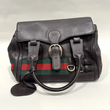Väska, Gucci, Heritage Boston Bag, 33 x 20 x 16cm, brunt läder, tygdetaljer, guldtonad metall, bruksskick, numrerad: 247612 520981, dustbag.  Vikt: 0 g