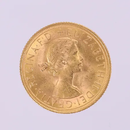 1 Mynt, Sovereign Elizabeth II DEI Gratia Regina F D, år 1958, Ø 22mm, 22K.  Vikt: 8 g