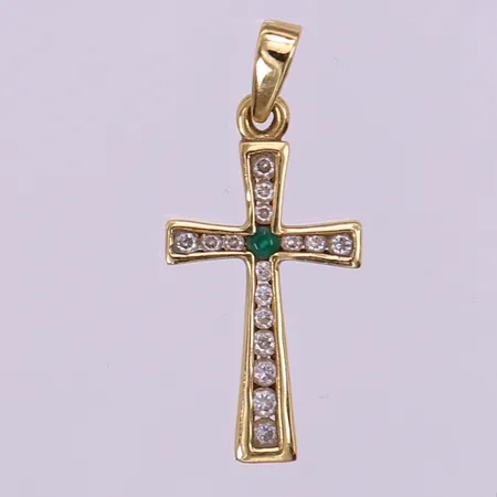 Hänge kors med grön och vita stenar, ca 30x 13mm inkl ögla. 18K  Vikt: 2 g