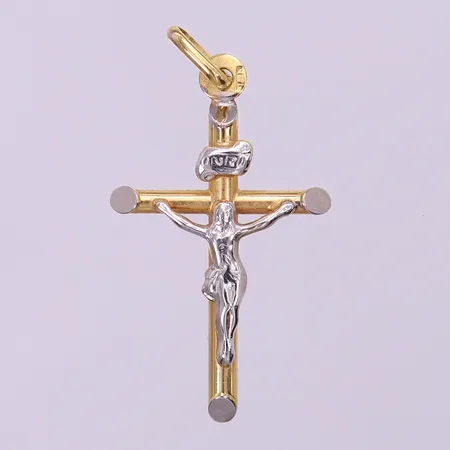 Hänge Krucifix, 34x18mm ink ögla, vit/gult guld 18K.  Vikt: 1,5 g