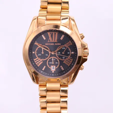 Herrur, Michael kors, 46mm, stål/gulmetall quartz, datum, refnr: MK-5854, stål/gulmetall armband med viklås ca 20cm, extra länkbitar, manual, box