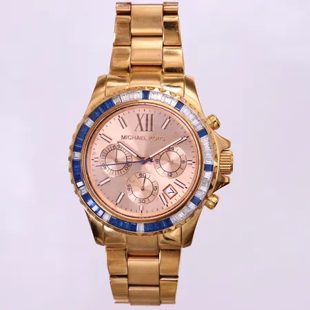 Damur, Michael Kors, 42mm, stål/gulmetall, quartz, datum, refnr MK-5755, stål/gulmetall armband med viklås ca 18cm, extra länkbitar. manual, box, repigt armband