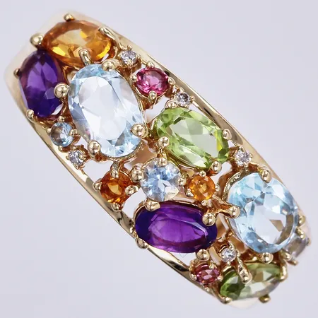 Ring med amtetist, topas, peridot, citrin, stl: 18½, bredd: ca 3-10mm, GHA, 18K Vikt: 5 g