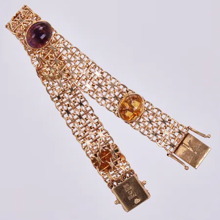 Armband x-länk med stav, ametist, rökkvarts och citrin, längd: ca 18,5cm, bredd: ca 12mm, Wima Hellströmer & Sahlgren Gulda, år 1968, 18K Vikt: 24,2 g