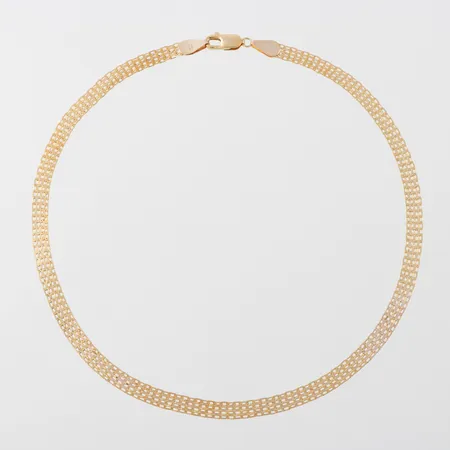 Collier, stämplat Italien, längd ca 46 cm, bredd 6.2 mm, 14k. Vikt: 13,2 g