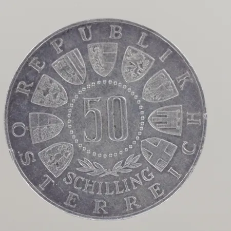 Jubileumsmynt: 600 år Tirol Österreich, 50 Schilling 1963, Ø 33,5 mm, silver 900/1000   Vikt: 20 g