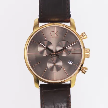 Herrur, Calvin Klein, quartz, Ø43mm, referensnr K2G-276, kronograf, brun urtavla, något slitet läderband