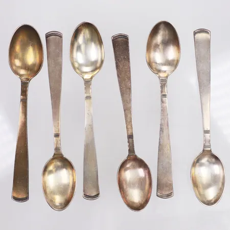 6 kaffeskedar, modell Rosenholm, GAB år 1968, 12cm, etui, 830/1000 silver Vikt: 98,4 g