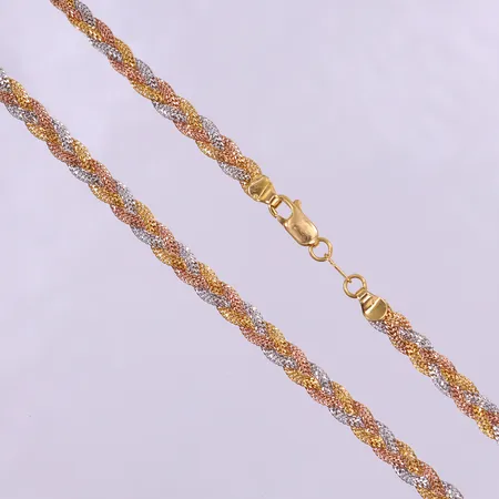 Collier trefärgad flätad, ca 47cm, bredd 4,5mm. 21K  Vikt: 14,5 g