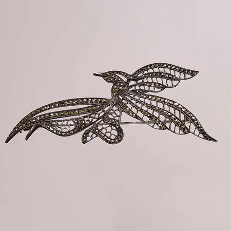 Brosch "fågel", markasiter, 94mm, en sten saknas, 830/1000 Silver 18,9g.