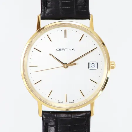 Herrur Certina, 18K i boett Ø33mm,  EOL 158..9289.68, quartz, datum, läderband med förgyllt originalspänne,  garantikort från 2021, etui, kartong, batteribyte krävs