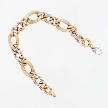 Armband gul/rosé/vit-guld, 19,5cm, bredd ca 8-13mm, ihåliga länkar, originaletui från Altinbas medföljer, enstaka länkbitar med mindre bucklor, 14K  Vikt: 8,1 g