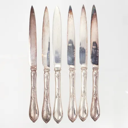 Sex fruktknivar, 17,8cm, Anders Gabriel Dufva, silver 830/1000, vikt: 173,6 gram Vikt: 173,6 g