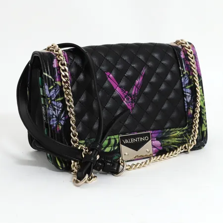 Väska Valentino, By Mario Valentino, crossbody, svart veganskt läder, multi colour, två innerfack, dragkedja, 9x16x24cm, kedja i gulmetall