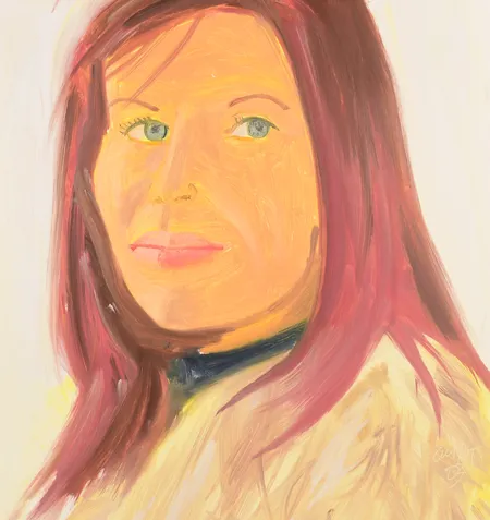 Tavla, Alex Katz, signerad och daterad Alex Katz-03, porträtt, olja på pannå, ca 40x30cm, a tergo skrivet nummer: 1223 Specialfrakt, kontakta pantbankskontoret för mer information.