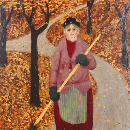 Tavla Pelle Åberg, olja på pannå, kvinna med kvast, signerad ca 41x33cm.  Specialfrakt, kontakta pantbankskontoret för mer information.