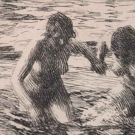 Tavla, etsning, Anders Zorn "Mot strömmen", utförd 1919, signerad med blyerts, Asplund 288, plåtstorlek ca 11,4 x 16,5 cm, gulnad, ej examinerad ur ram.   Skickas med postpaket.