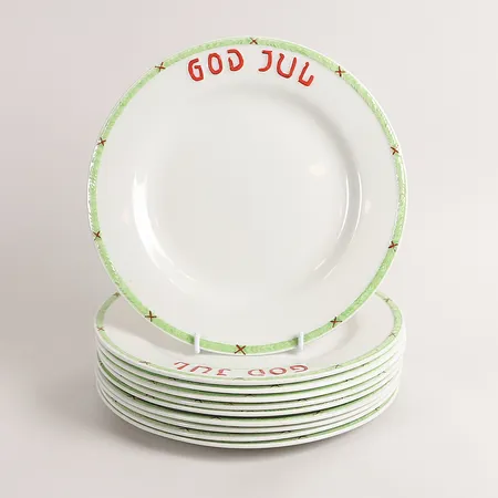 Tio mattallrikar, "God Jul", Gustavsberg, porslin, handmålade, Ø 25,5 cm, originalkartonger, bruksslitage, repor, kartonger med mindre skador.  Skickas med postpaket.
