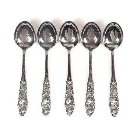 Fem kaffeskedar, modell: Telemark, längd: 11,4cm, norska stämplar, silver. Vikt: 53,3 g