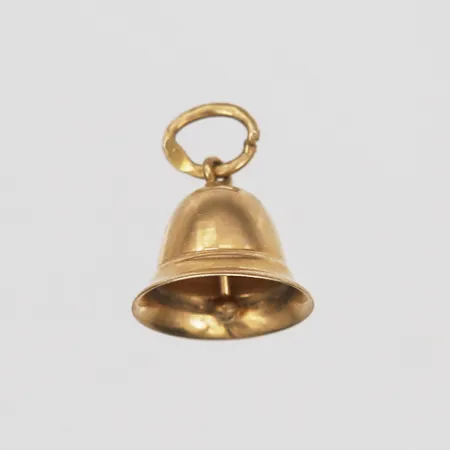 Hänge i form av en bjällra, höjd inkl. ögla: 12 mm, bredd: 10 mm, 18K guld.  Vikt: 0,8 g