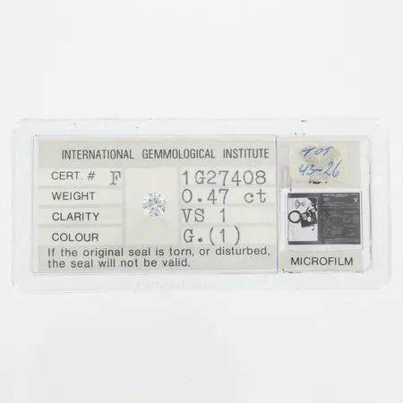 Lös oinfattad briljantslipad diamant 0,47ct, G/VS1, IGI certifikat, nr: F1G27408, obruten plastförpackning.