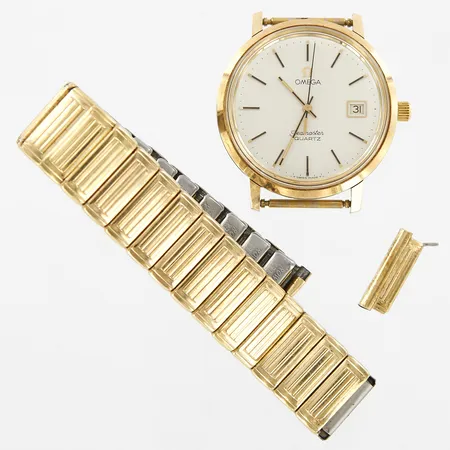 Herrur Omega Seamaster quartz, stål, 1982, Ø36mm, defekt, går ej att ställa, behöver batteribyte, repig bakboett, gravyr, flexlänk defekt 