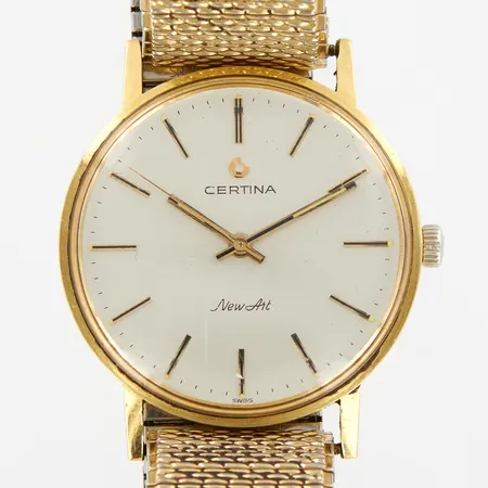 Armbandsur Certina New Art, Ø33mm, manuell, 18K i boett, gravyr "För Nit och Redlighet...", flexlänk ej original, förgylld stål, 18K, brv: 52,3gram