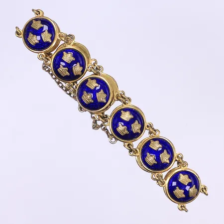 Armband tre kronor med emalj, ca 19cm, bredd 14mm, tillv. Sporrong, gulmetall, slitage