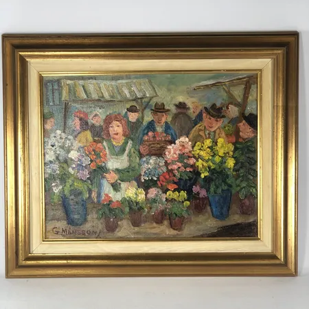 Tavla, "Blomsterflickan", Gösta Månsson (1924-2009), olja på duk, bildyta 34x26cm, ram 46x38cm, signerad G. Månsson i bild samt a tergo, slitage på ram Skickas med postpaket.