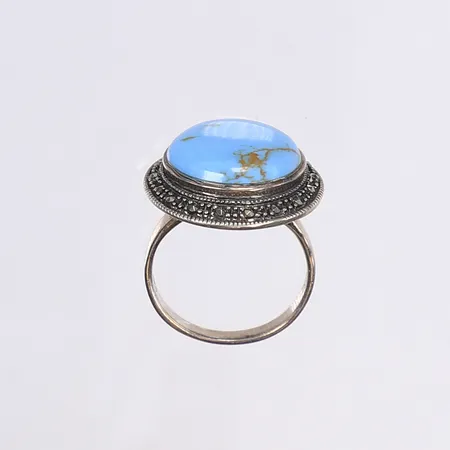 Ring med markasiter och turkos sten, stl 19, bredd 2-22mm, silver 925/1000 Vikt: 8 g