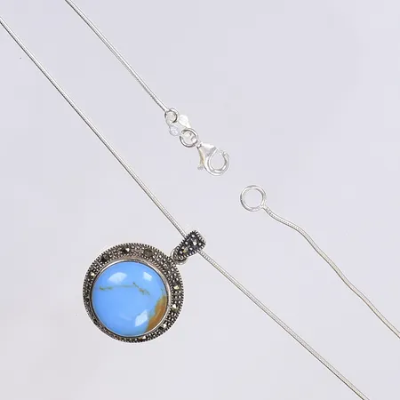 Halskedja ormlänk med hänge med markasiter och turkos sten, 42cm, bredd 1mm, hänget 28x19mm, silver 925/1000 Vikt: 7,1 g