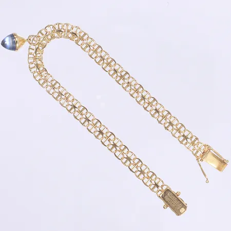 Armband X-länk med stav, berlock med blå sten, 19cm, bredd 6mm, 18K Vikt: 9,9 g