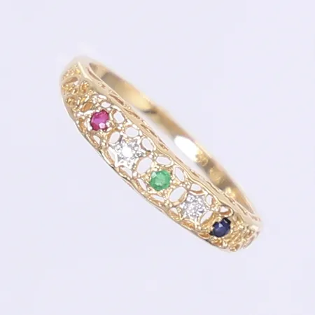 Ring med diamanter 2x ca 0,005ct samt röd, grön och blå sten, stl 16¾, bredd 1-4mm, 18K Vikt: 1,5 g