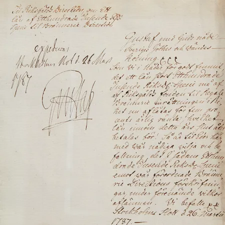 Skuldebrev, Signerat av Gustav III, utfärdat till ett Regale Brännerie (Kronobränneri) om ett lån om etthundrade tusende riksgäld specie, daterat 1787, brevets mått ca 32,3x20,3cm, rammått ca 54x41cm Skickas med postpaket.
