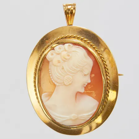 Hänge/brosch, camé, något skev nål, svenska stämplar, 38,8x26,6mm, 18K, bruttovikt 6,2g. 
