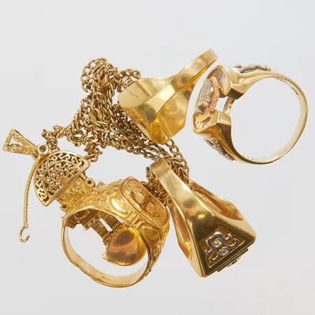 Diverse guld, stenar/saknas stenar, emalj, skevheter, 18K, bruttovikt 70,1g.